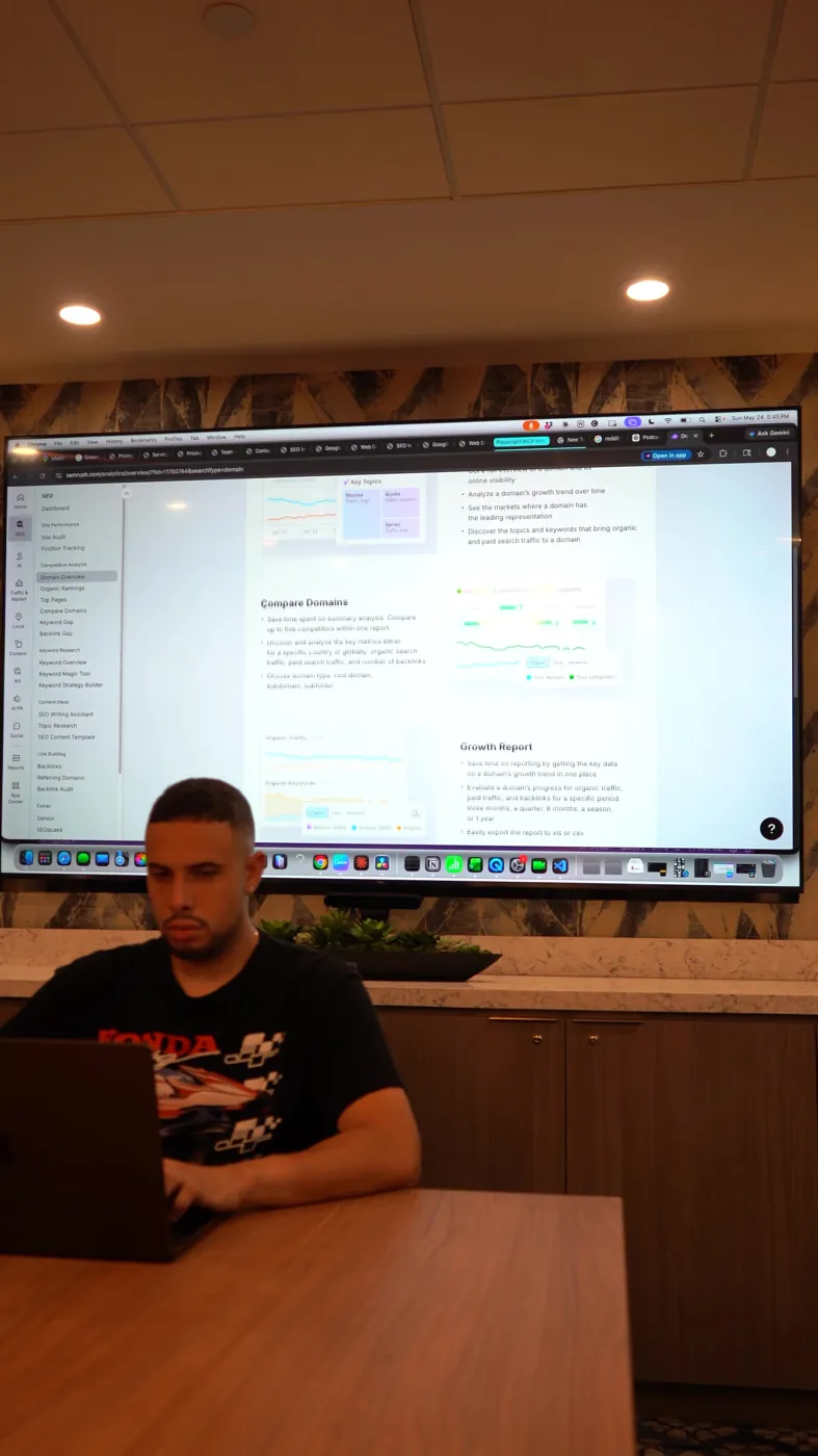 Reviewing a client report on the big screen at Optic Vault